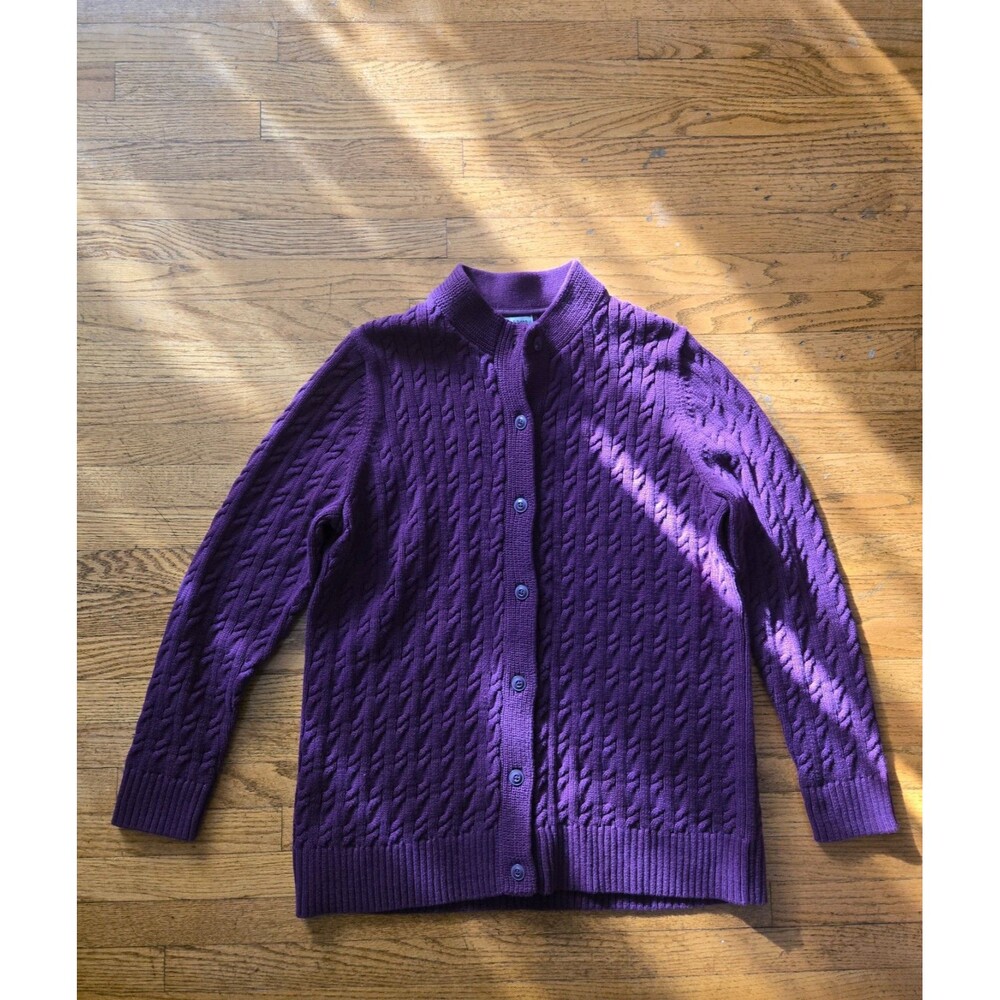LL Bean Cardigan Sweater Womens Size XL Cable Knit Purple Fisherman Chunky